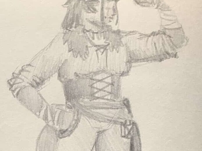 dessin d'un barbare tieffelin avec un marteau de guerre et un sac