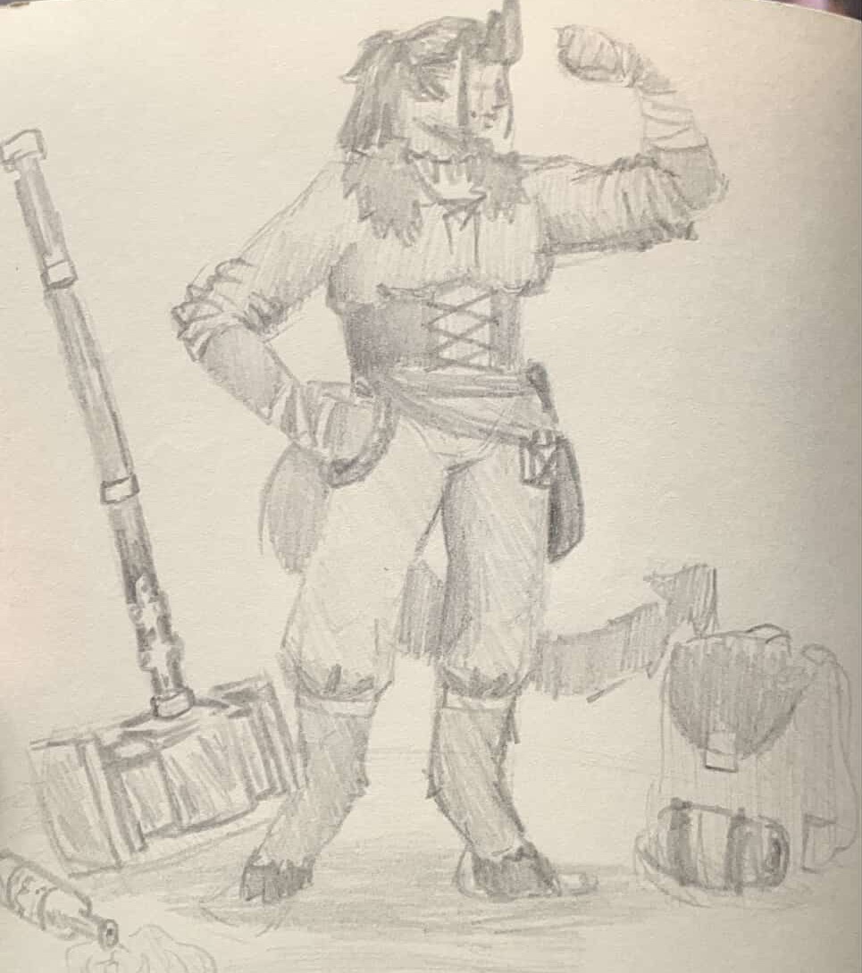 dessin d'un barbare tieffelin avec un marteau de guerre et un sac
