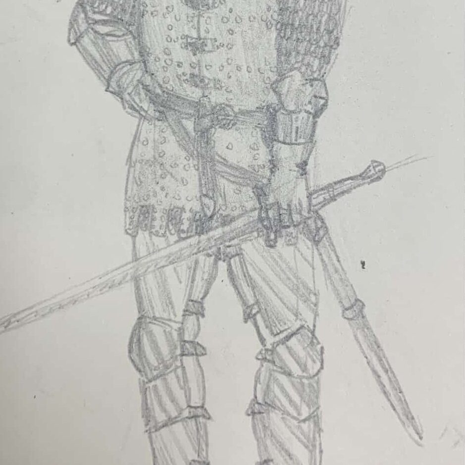 dessin d'un soldat humain en habit médiéval et tien une épée