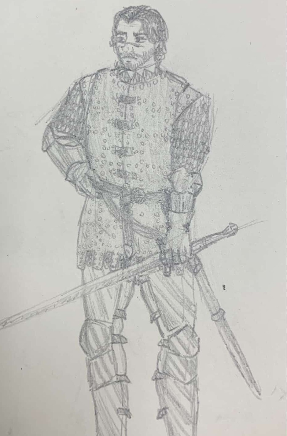 dessin d'un soldat humain en habit médiéval et tien une épée